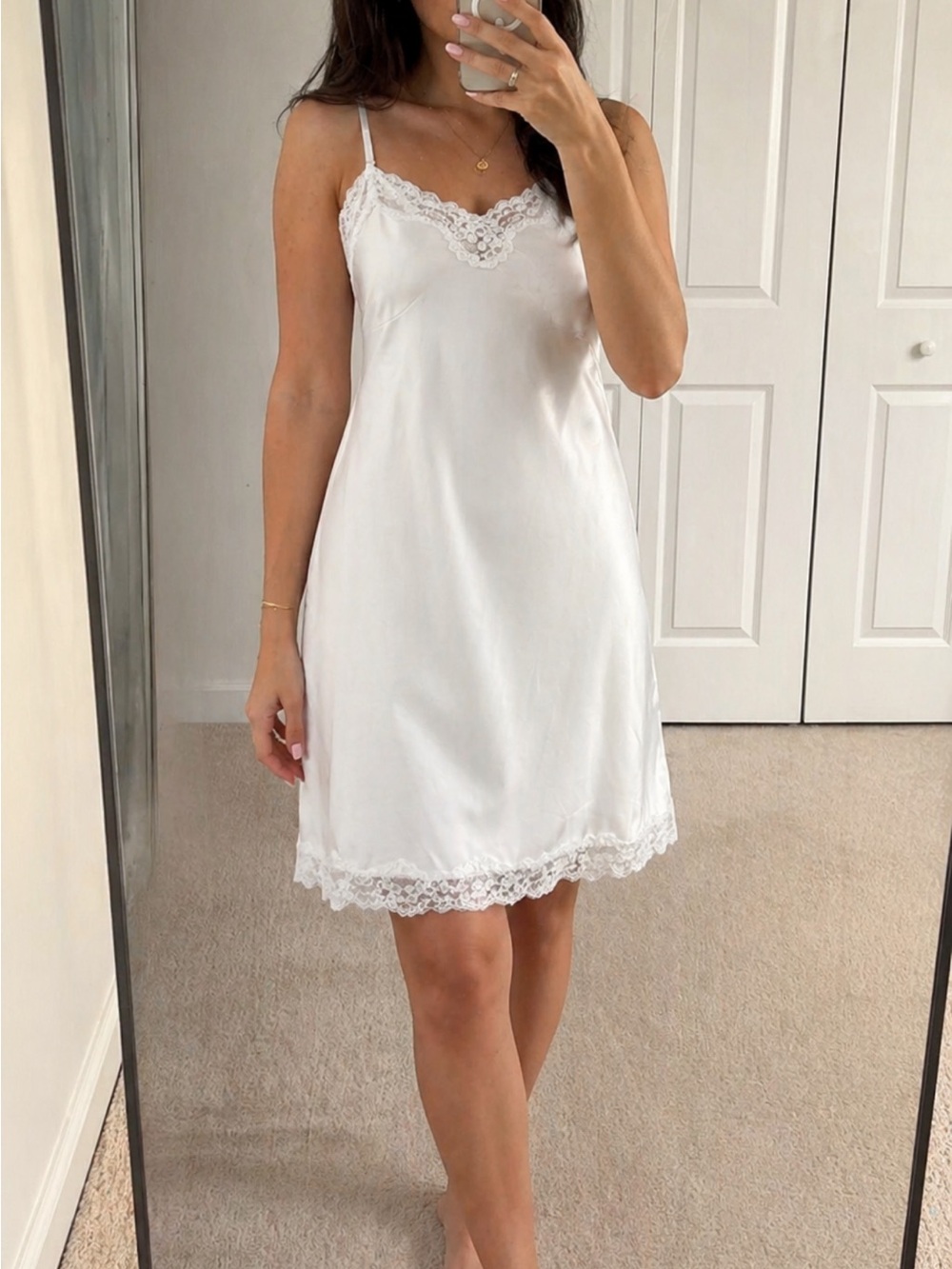 VNTG Milco NY Full Slip White Lace Trim Nylon Made in USA Dress Nightgown 34/6
